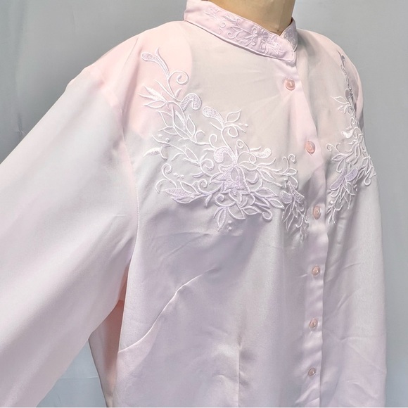 VINTAGE pink embroidered floral button down blouse‎ collarless plus size 90s - Picture 4 of 12
